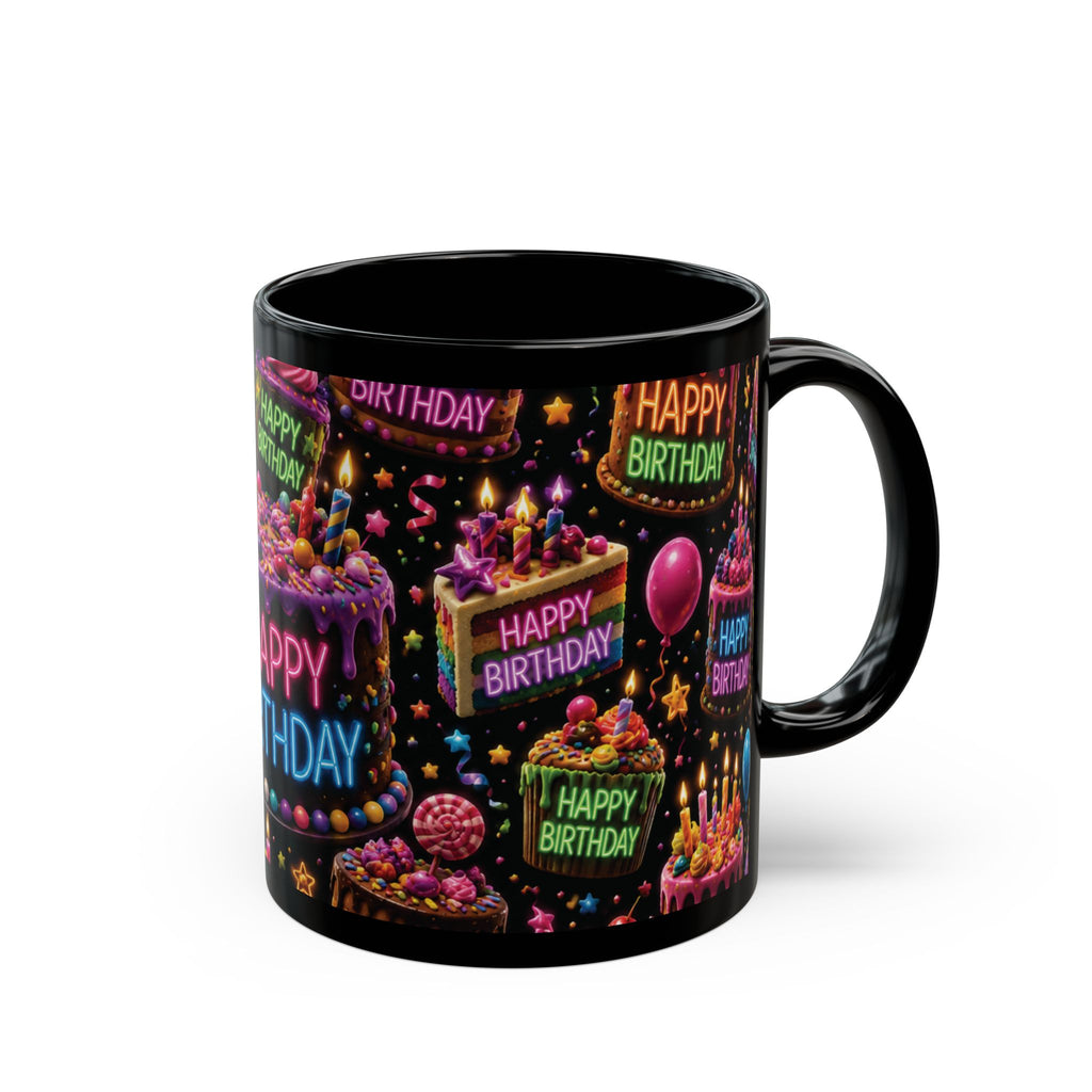 Happy Birthday Neon Cake Black Mug — Colorful Party Coffee Cup (11oz/15oz)