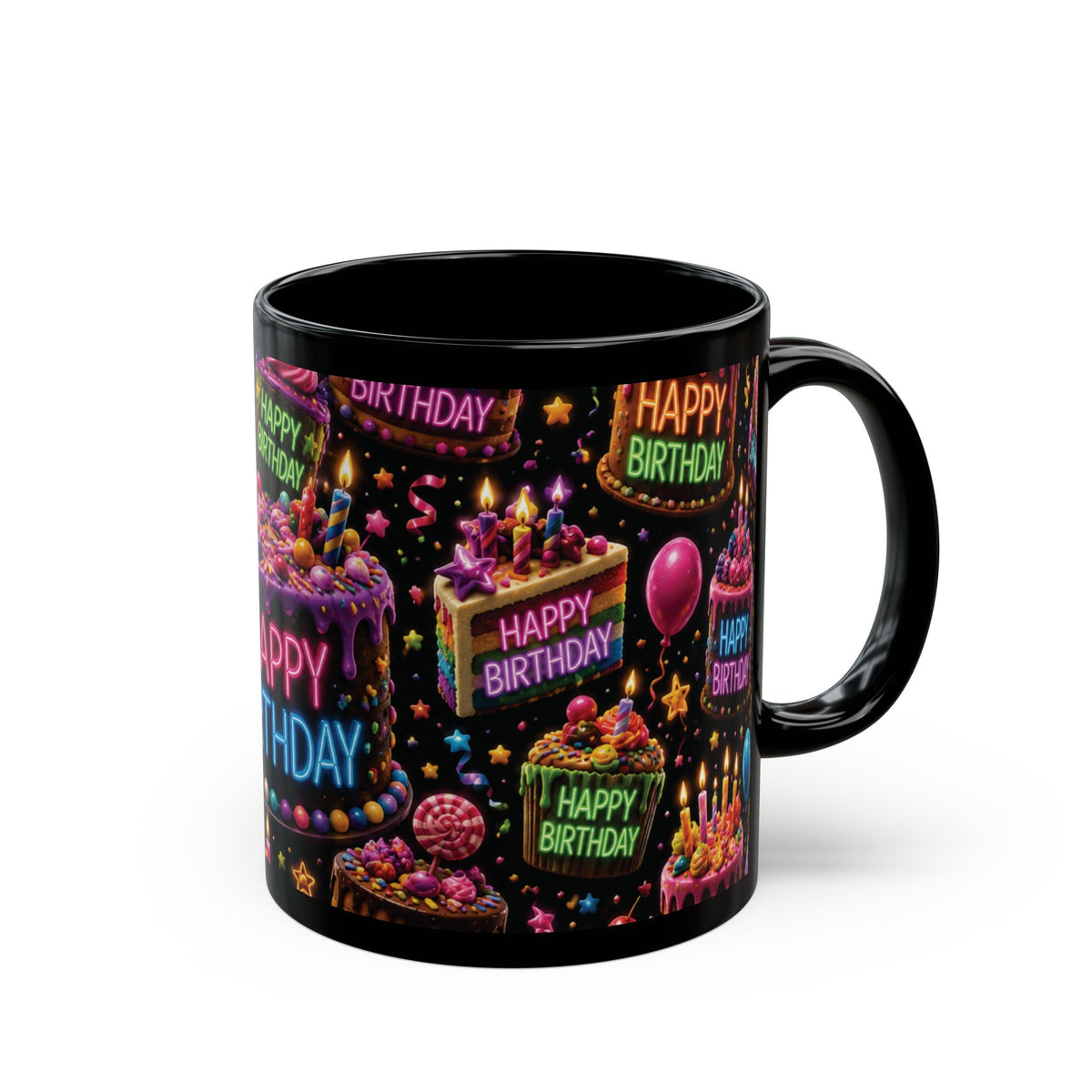 Happy Birthday Neon Cake Black Mug — Colorful Party Coffee Cup (11oz/15oz)
