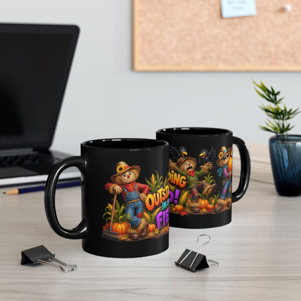 Outstanding in Our Field Halloween Mug – Fall Scarecrow Pumpkin Coffee Cup (11oz/15oz)