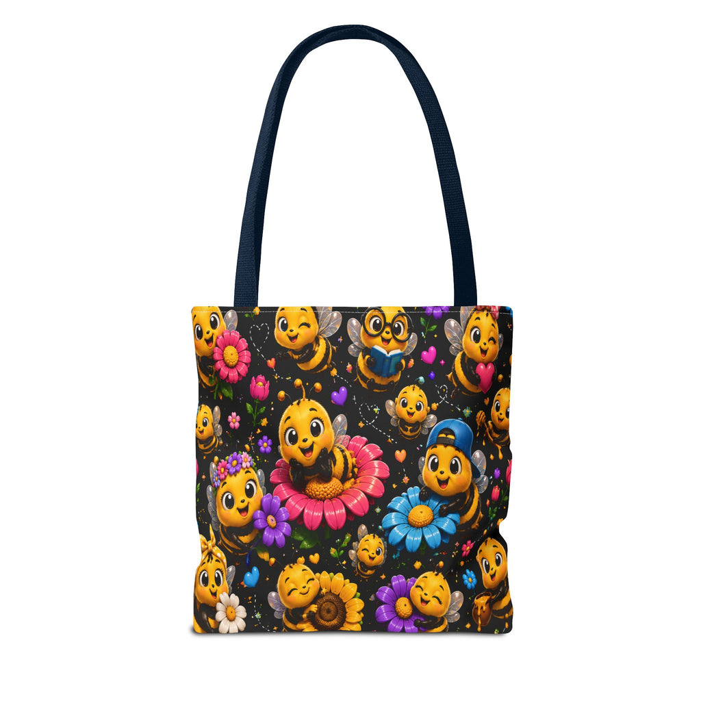 Cute Bee Pattern Tote Bag — Colorful Floral Cartoon Bees All-Over Print