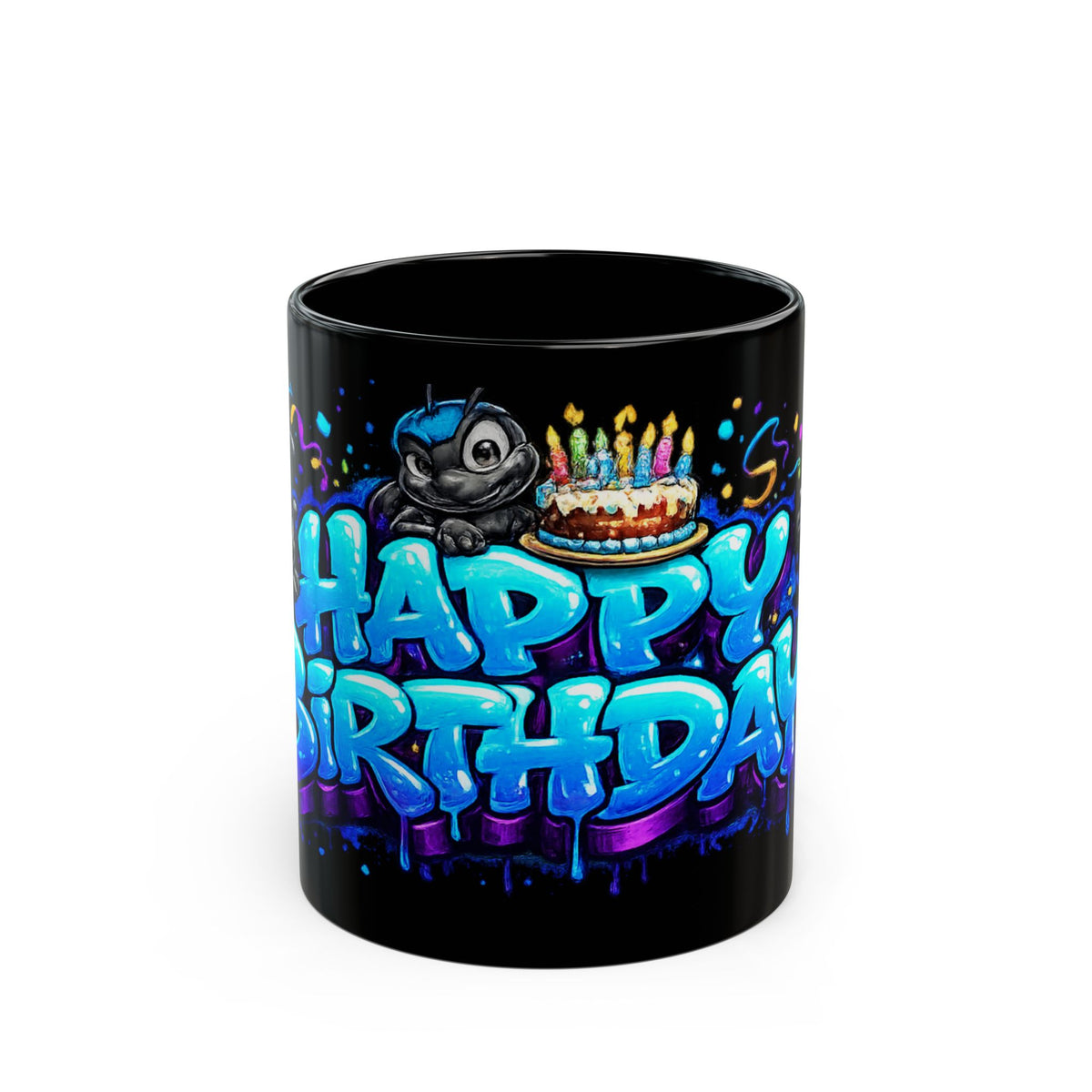 Happy Birthday Black Mug — Colorful Graffiti Cake & Cartoon Character Birthday Coffee Cup (11oz/15oz)