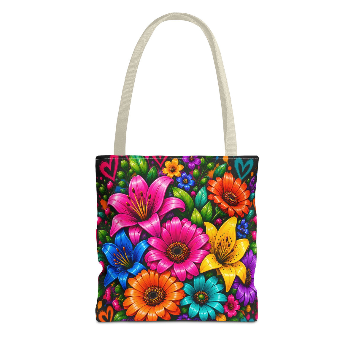 Festora Floral Burst Tote Bag — Colorful Flowers on Black