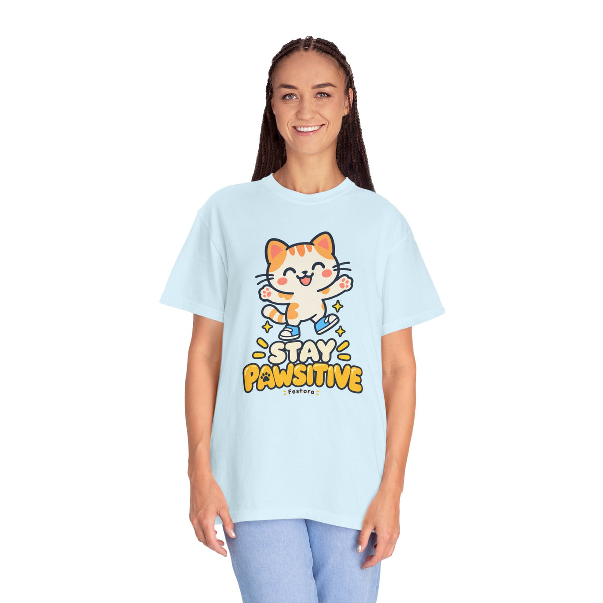 Stay Pawsitive – Cute Happy Cat Graphic T-Shirt