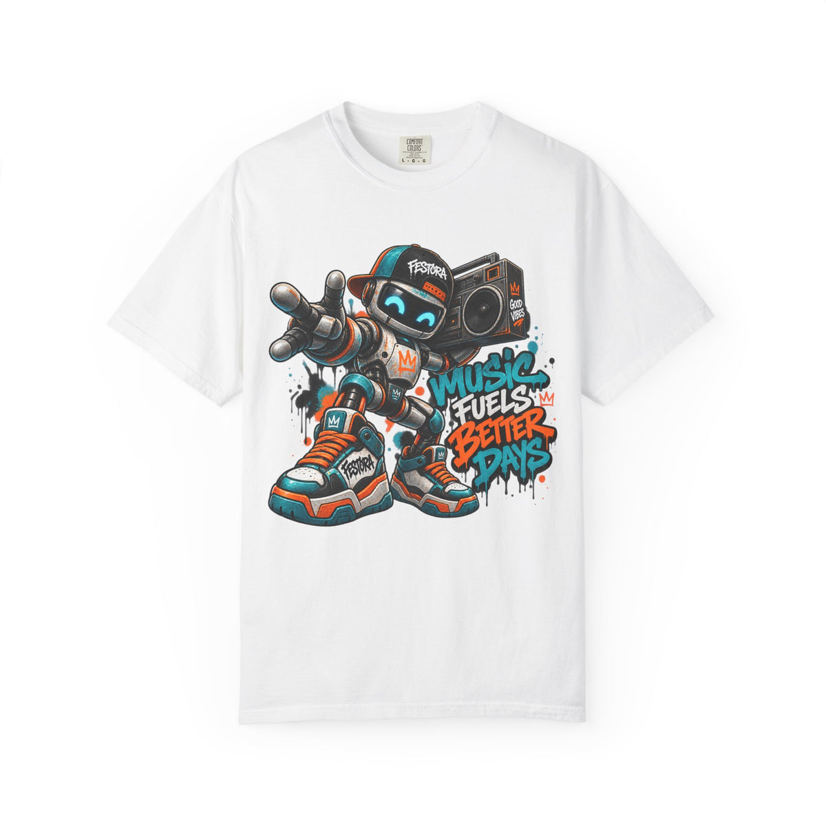 Music Fuels Better Days T-Shirt — Retro Robot Boombox Streetwear