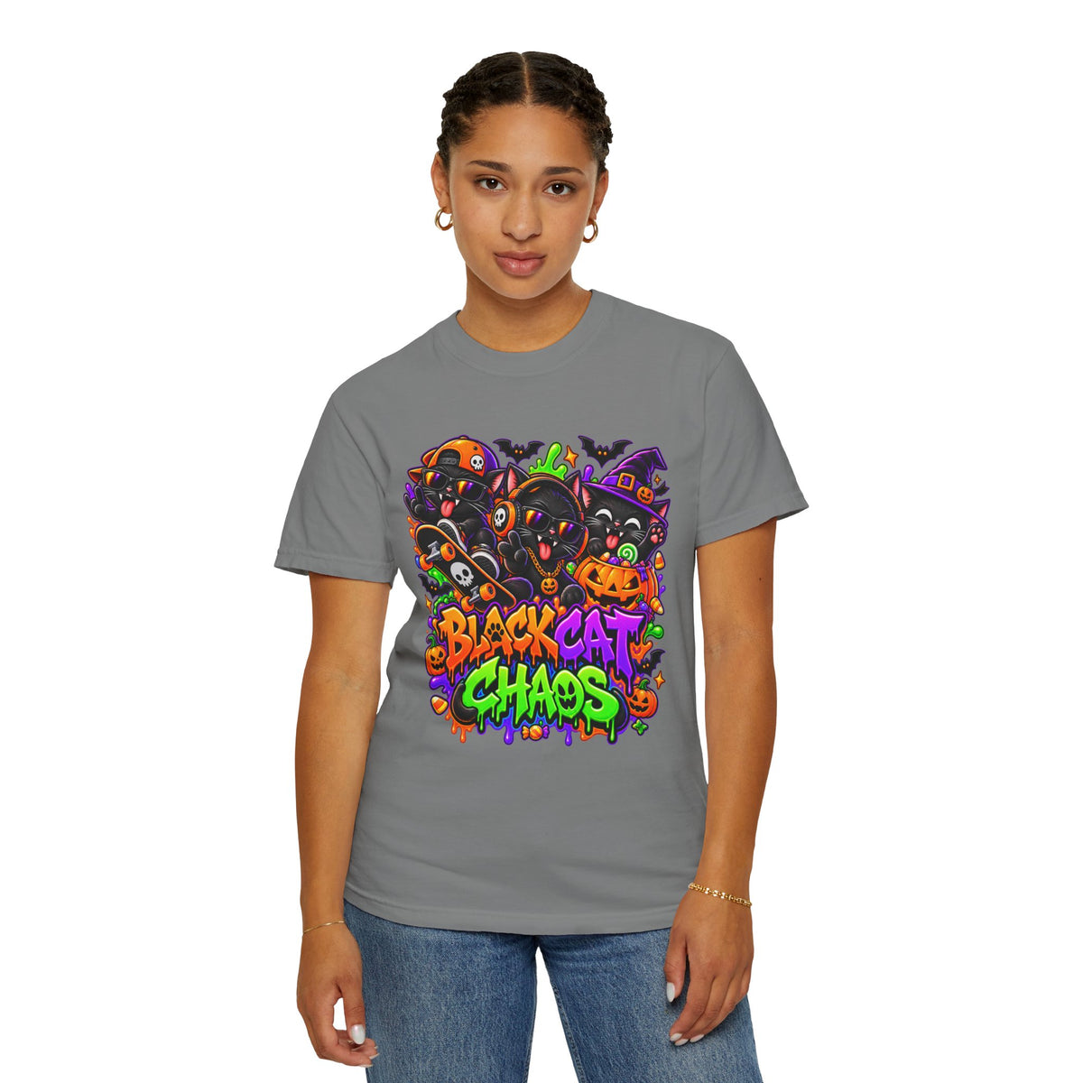 Neon Black Cat Halloween Chaos T-Shirt | Cute Spooky Cat Graphic Tee