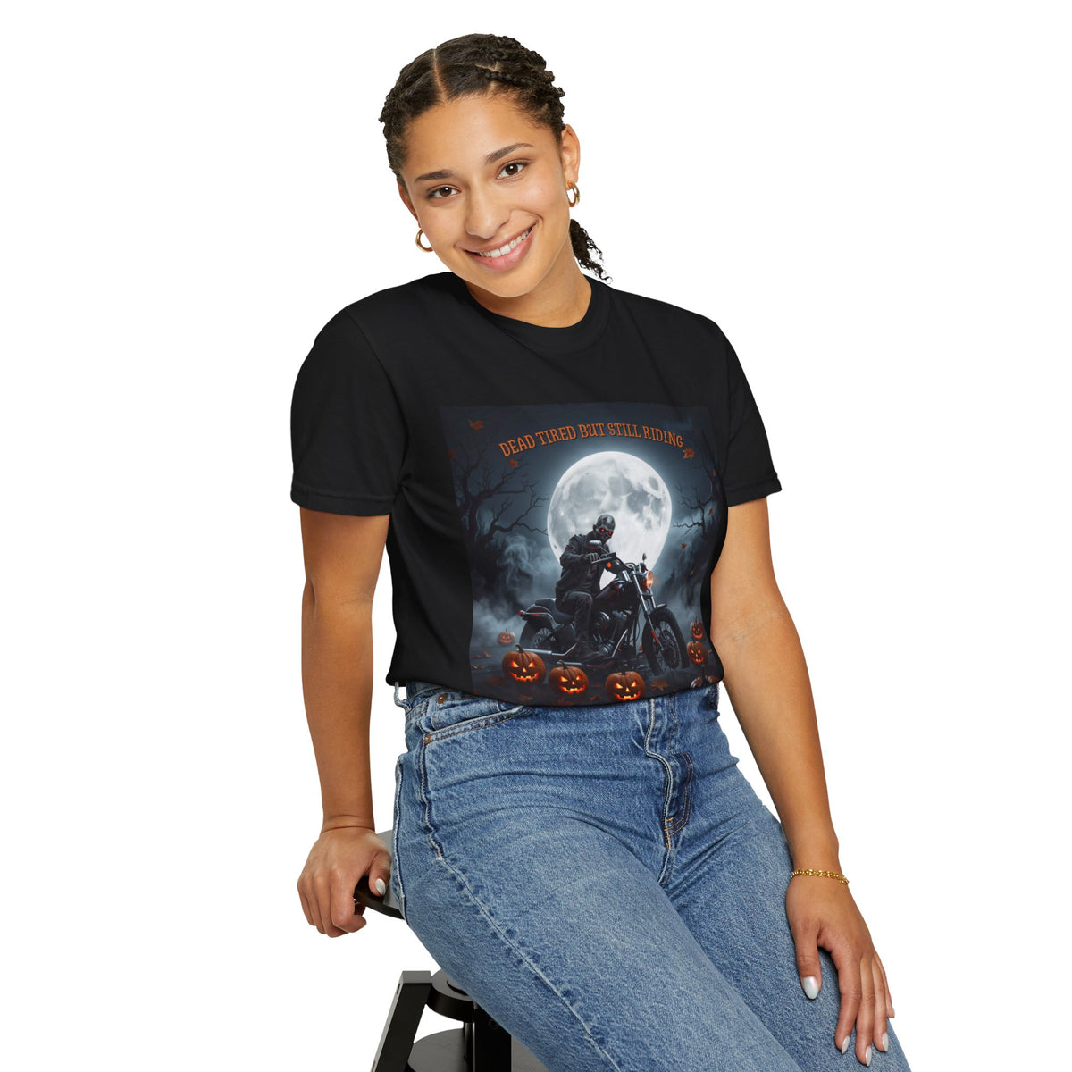 Halloween Motorcycle T-Shirt – 'Dead Tastes But Still Riding' Rider Skull Tee