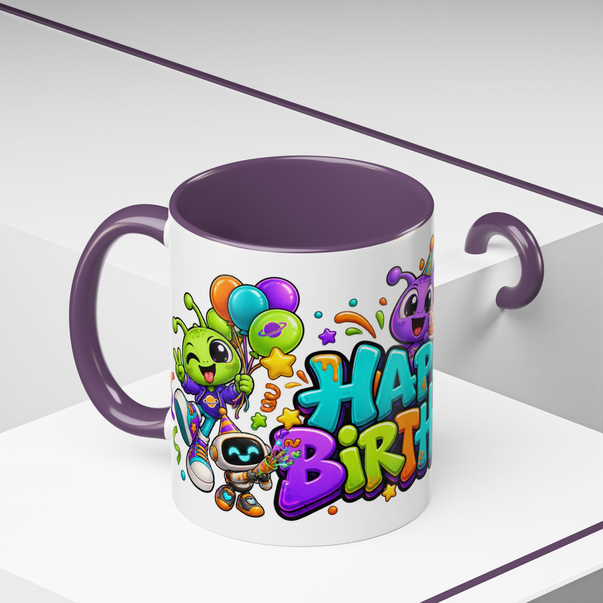 Happy Birthday Alien Mug – Colorful Space Party Cup with Cute Aliens & Robots