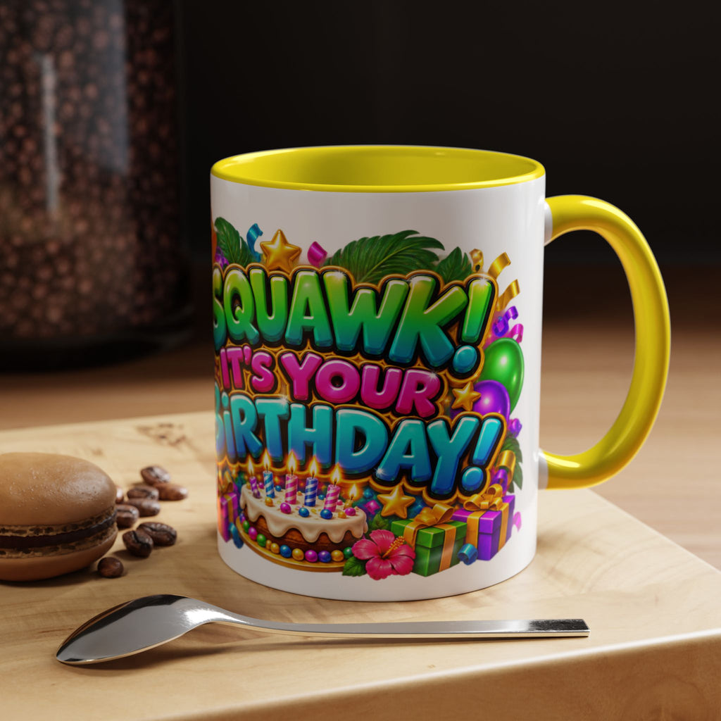 Squawk! It’s Your Birthday White Mug – Cute Parrot Birthday Cup, Colorful Tropical Party Gift