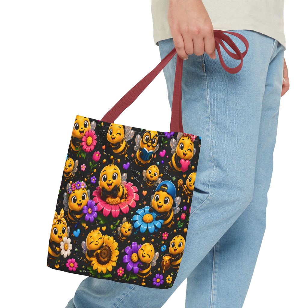 Cute Bee Pattern Tote Bag — Colorful Floral Cartoon Bees All-Over Print