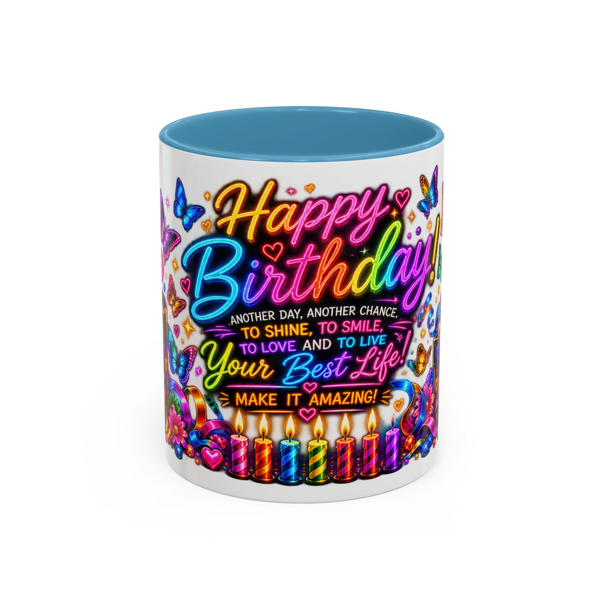 Birthday Coffee Mug – Colorful "Happy Birthday" Gift Mug with Butterflies & Candles