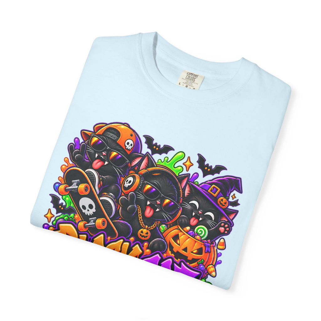 Neon Black Cat Halloween Chaos T-Shirt | Cute Spooky Cat Graphic Tee