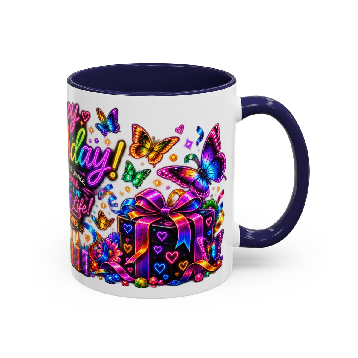 Birthday Coffee Mug – Colorful "Happy Birthday" Gift Mug with Butterflies & Candles
