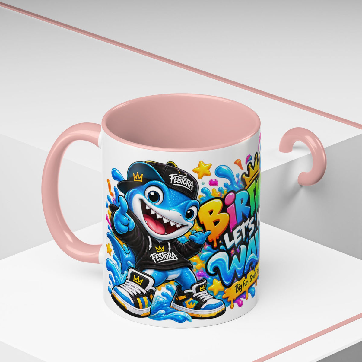 BIRTHDAY? LET’S MAKE WAVES! White Ceramic Mug – Funny Shark Birthday Coffee Cup – Original FestoraShop Design