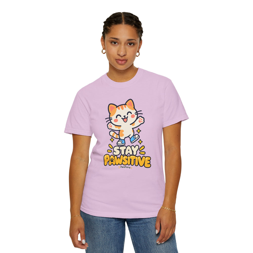 Stay Pawsitive – Cute Happy Cat Graphic T-Shirt