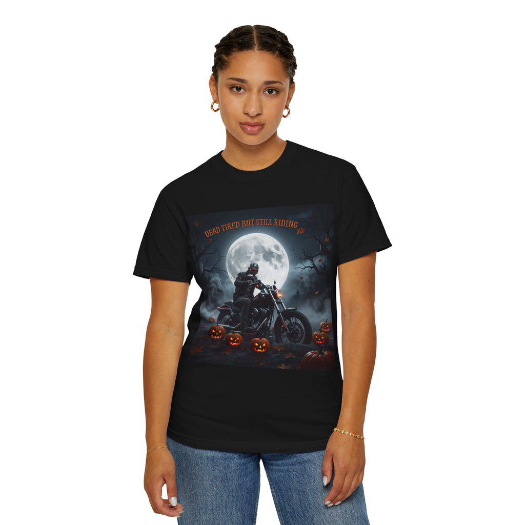 Halloween Motorcycle T-Shirt – 'Dead Tastes But Still Riding' Rider Skull Tee