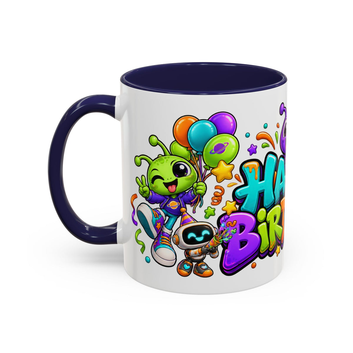 Happy Birthday Alien Mug – Colorful Space Party Cup with Cute Aliens & Robots