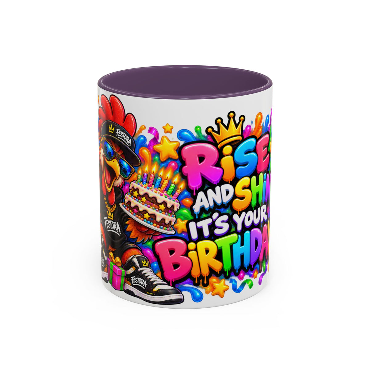 RISE AND SHINE… IT’S YOUR BIRTHDAY! White Ceramic Mug – Funny Rooster Birthday Coffee Cup – Colorful Party Gift – Original FestoraShop Design