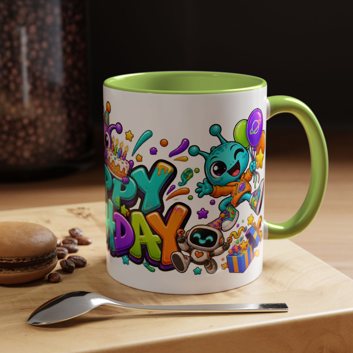 Happy Birthday Alien Mug – Colorful Space Party Cup with Cute Aliens & Robots
