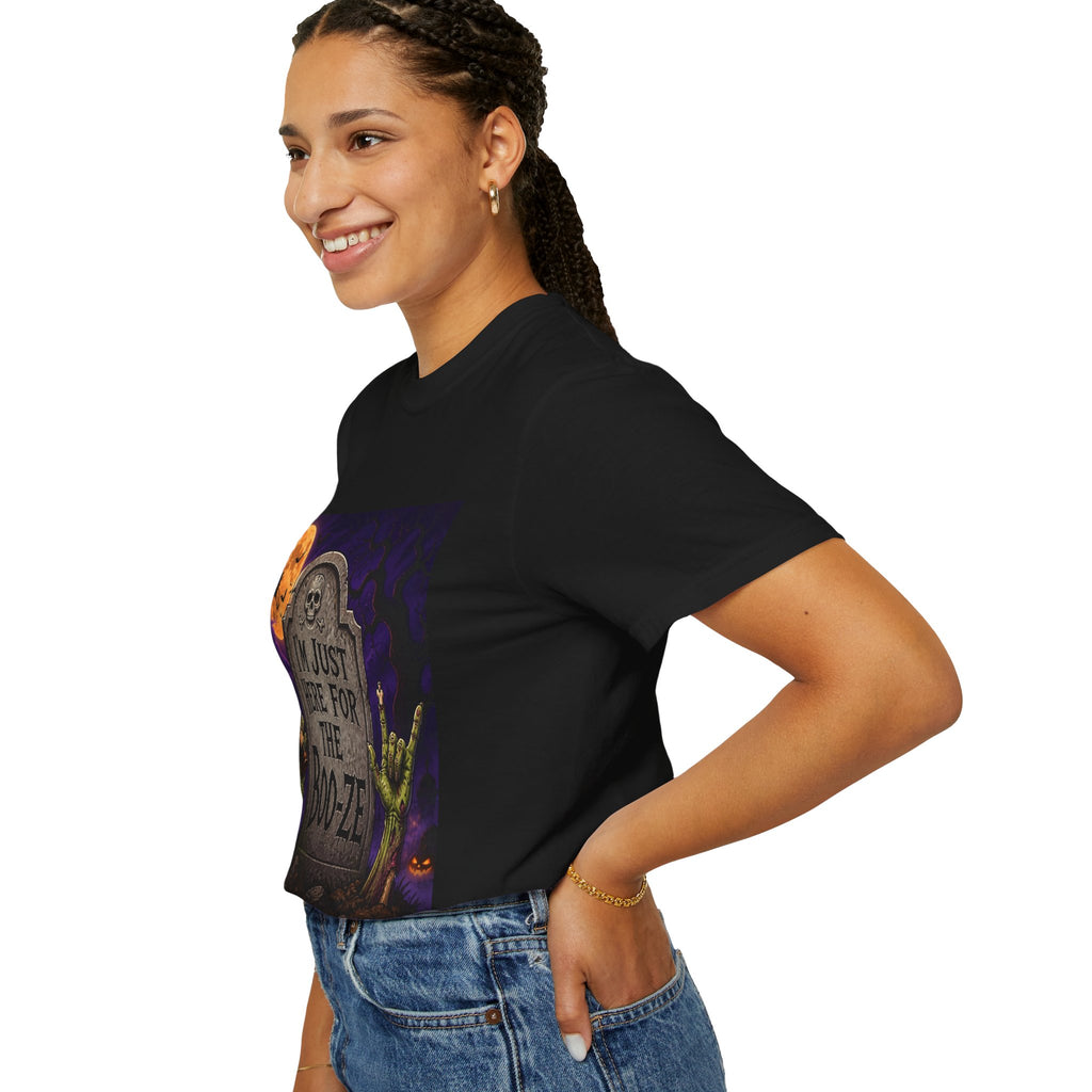 Halloween Tee — "I'm Just Here for the Boo-ze" Tombstone Design