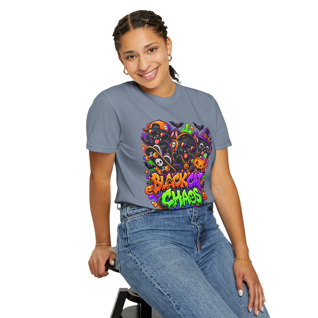 Neon Black Cat Halloween Chaos T-Shirt | Cute Spooky Cat Graphic Tee
