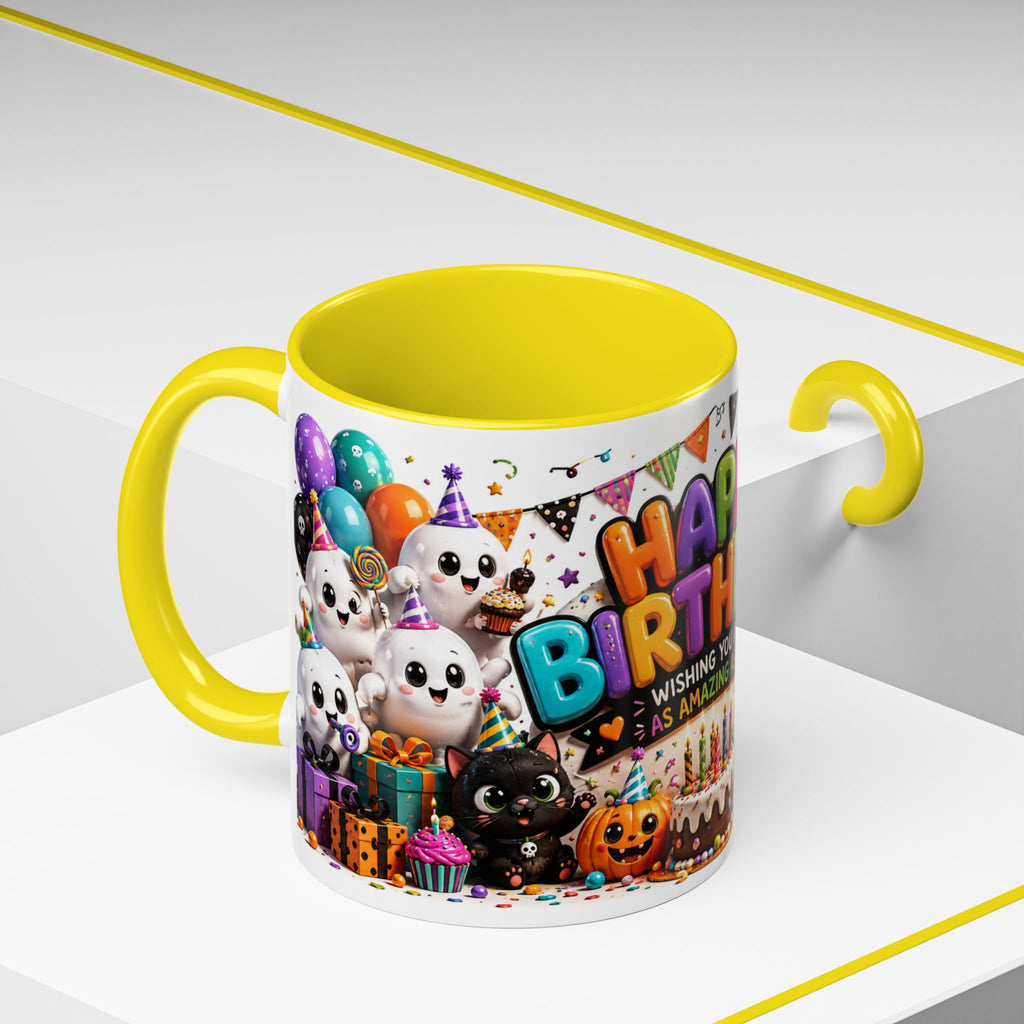Happy Birthday Accent Coffee Mug — Colorful 3D Birthday Party Design (11/15oz)