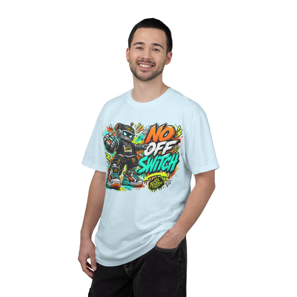 No Off Switch Robot Graphic T-Shirt — Bold Retro Streetwear Design