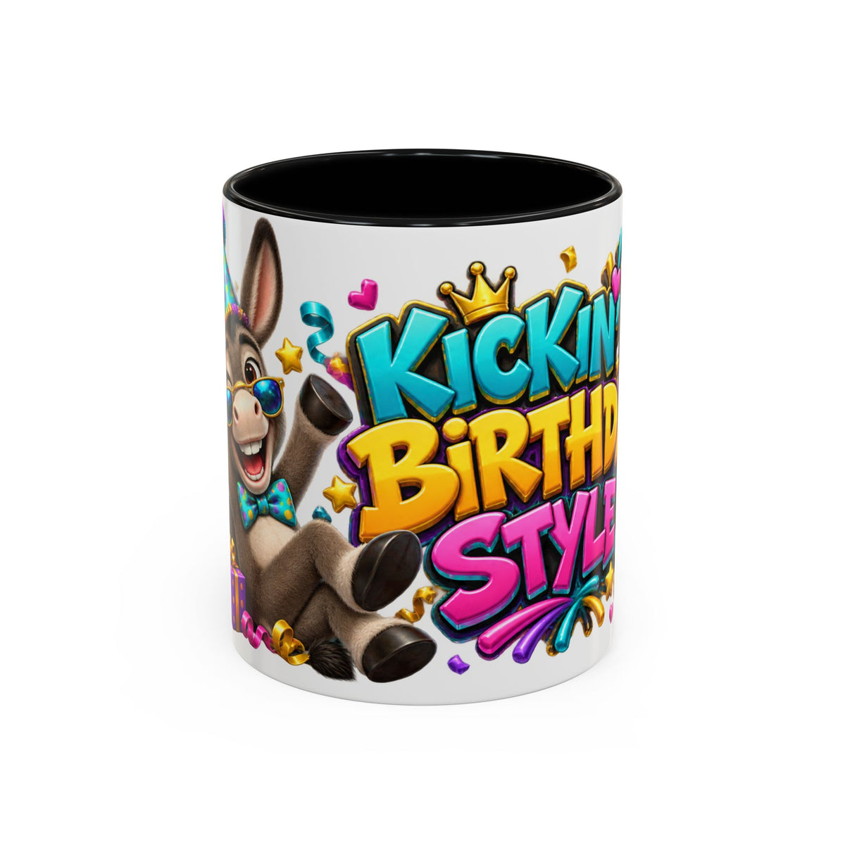 Kickin’ It Birthday Style Donkey White Mug – Funny Happy Birthday Party Cup, Cute Colorful Gift
