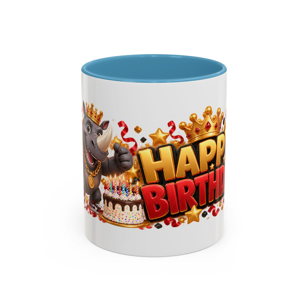 Happy Birthday Rhino Mug – Colorful 3D Birthday Gift – White Coffee Mug