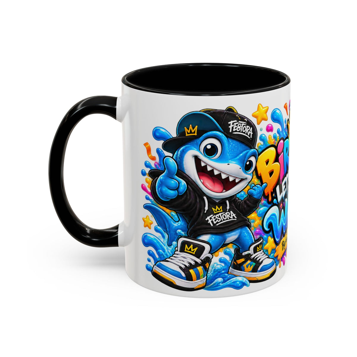 BIRTHDAY? LET’S MAKE WAVES! White Ceramic Mug – Funny Shark Birthday Coffee Cup – Original FestoraShop Design