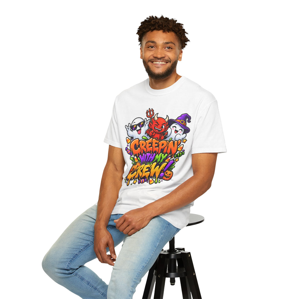 Creepin’ With My Crew Halloween T-Shirt – Colorful Funny Ghost & Devil Graphic Tee