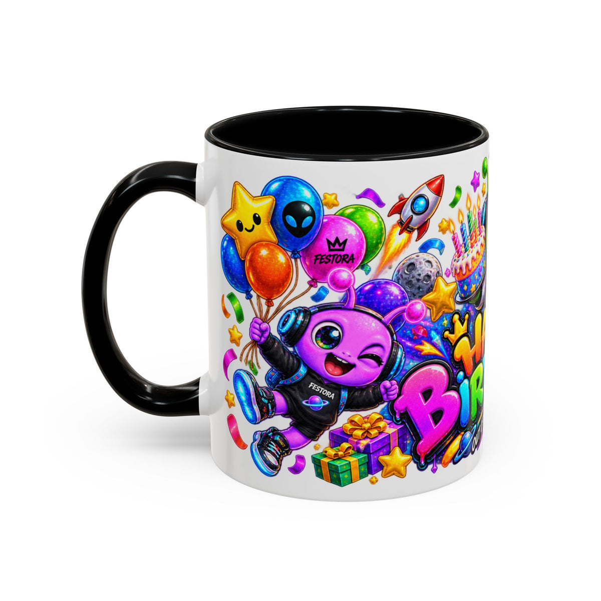 Happy Birthday Out of This World Accent Mug — Cute Alien Space Birthday Coffee Cup (11oz)