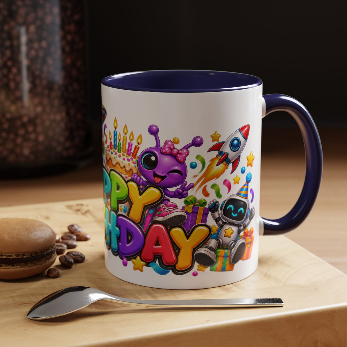 Happy Birthday Space Party Mug – Cute Aliens, Robots, UFO & Colorful 3D Birthday Design