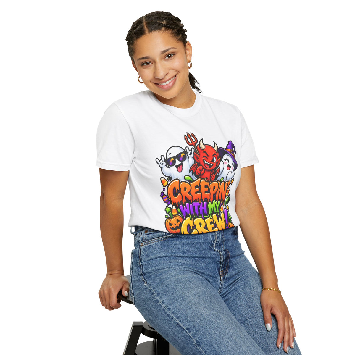 Creepin’ With My Crew Halloween T-Shirt – Colorful Funny Ghost & Devil Graphic Tee