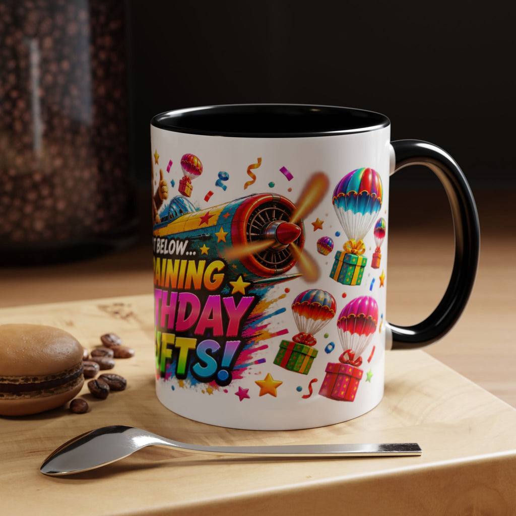 Birthday Gifts Coffee Mug — "It's Raining Birthday Gifts!" Colorful Accent Mug