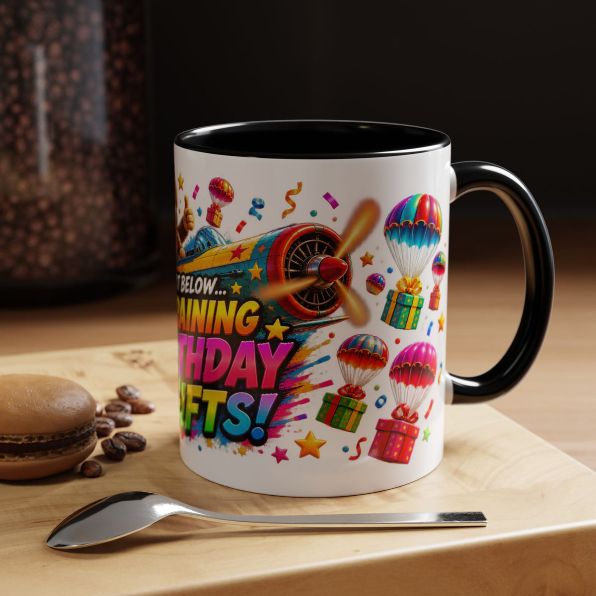 Birthday Gifts Coffee Mug — "It's Raining Birthday Gifts!" Colorful Accent Mug
