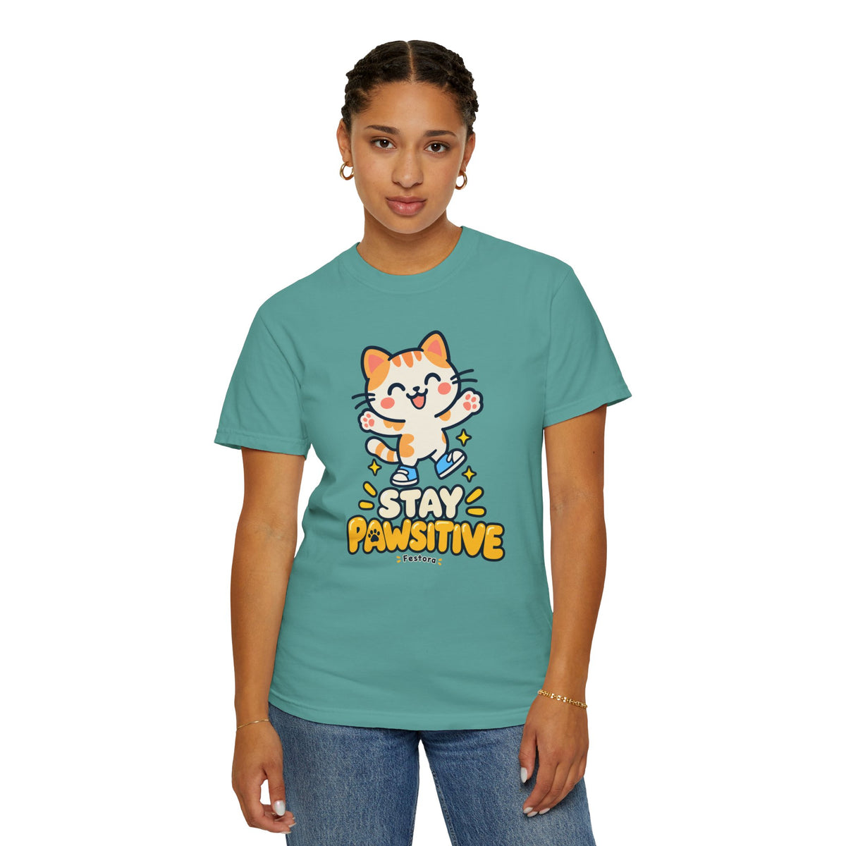 Stay Pawsitive – Cute Happy Cat Graphic T-Shirt