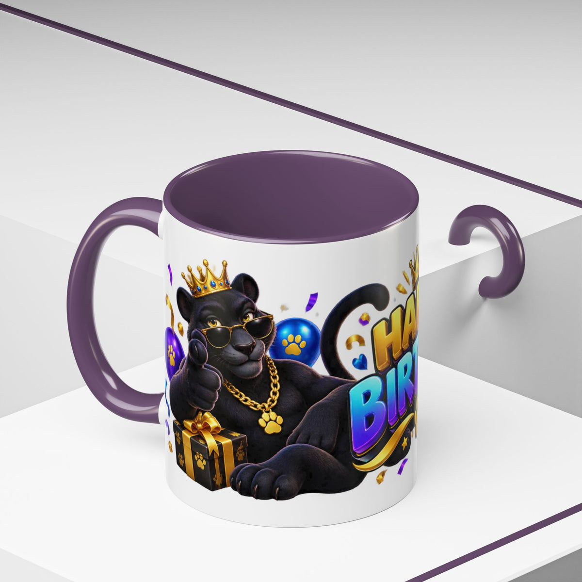 Black Panther Happy Birthday Mug – Purple Blue & Gold Birthday Gift – FestoraShop White Coffee Mug