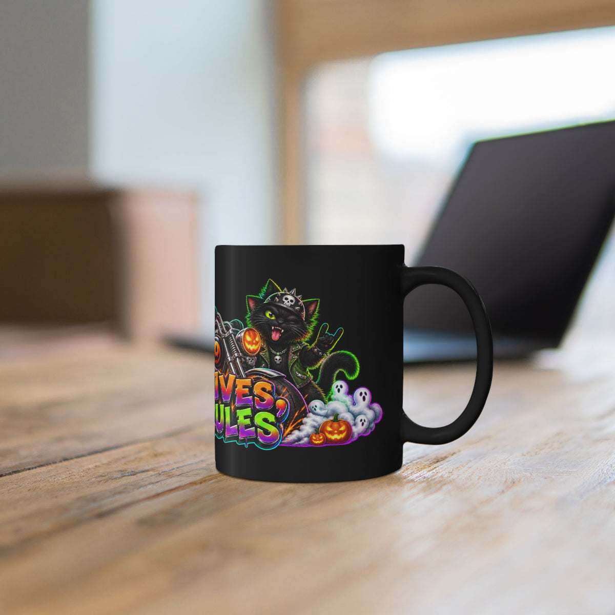 Nine Lives Zero Rules Biker Cats Halloween Black Mug