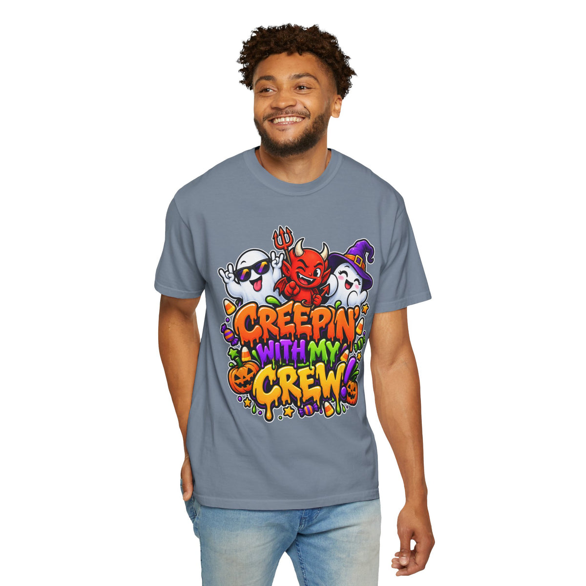 Creepin’ With My Crew Halloween T-Shirt – Colorful Funny Ghost & Devil Graphic Tee