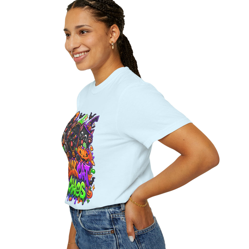 Neon Black Cat Halloween Chaos T-Shirt | Cute Spooky Cat Graphic Tee