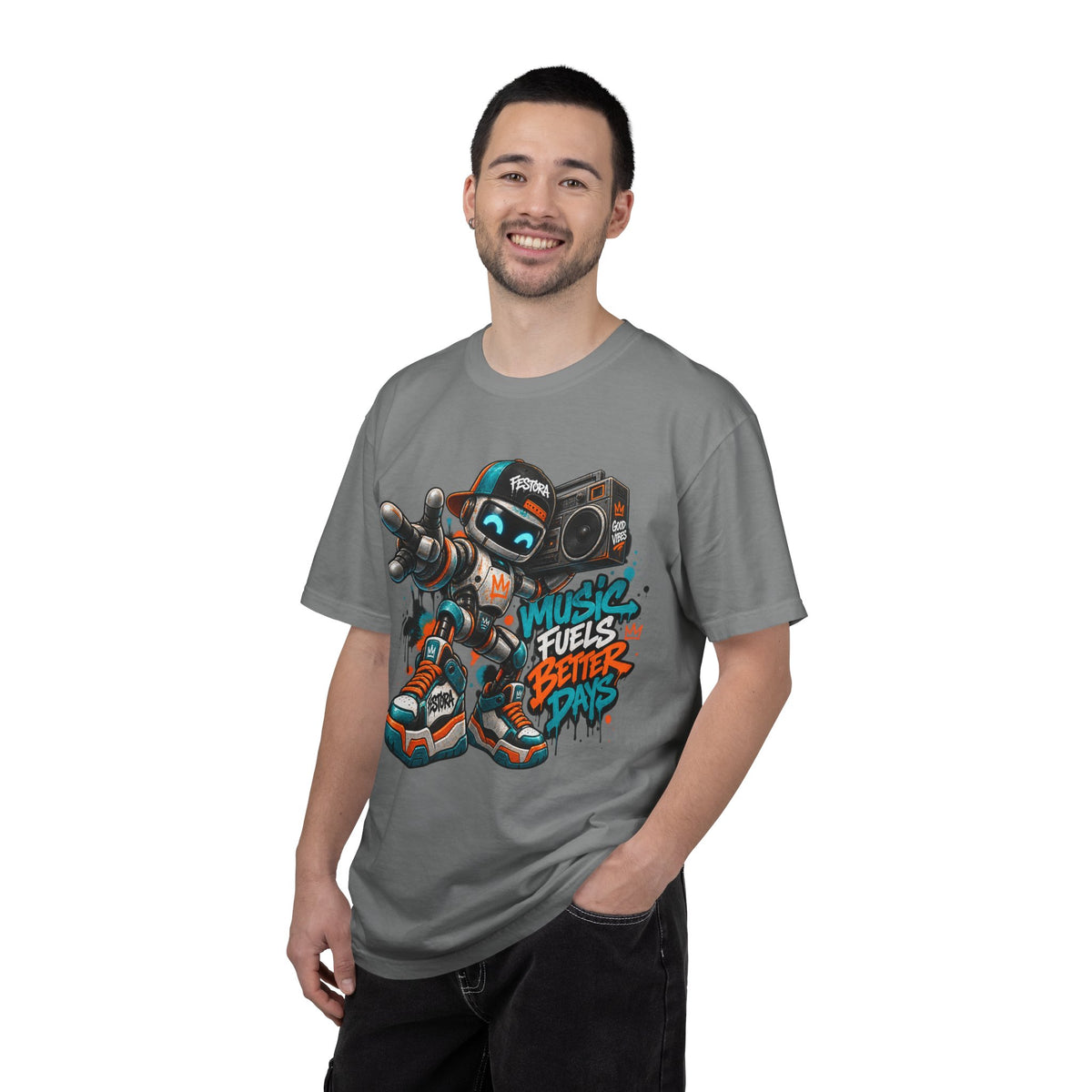 Music Fuels Better Days T-Shirt — Retro Robot Boombox Streetwear