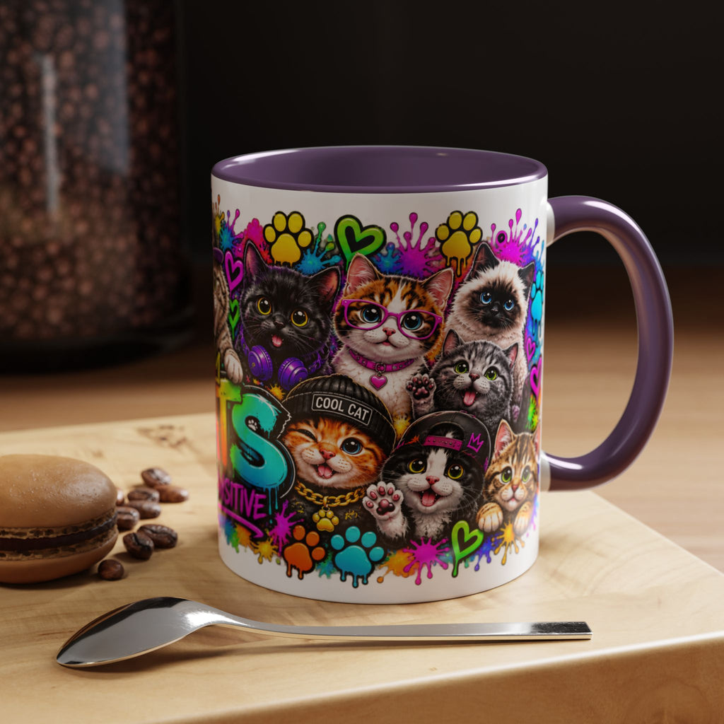 Cats Stay Pawsitive Accent Coffee Mug – Colorful Cute Cat Paw Print Design (11oz)