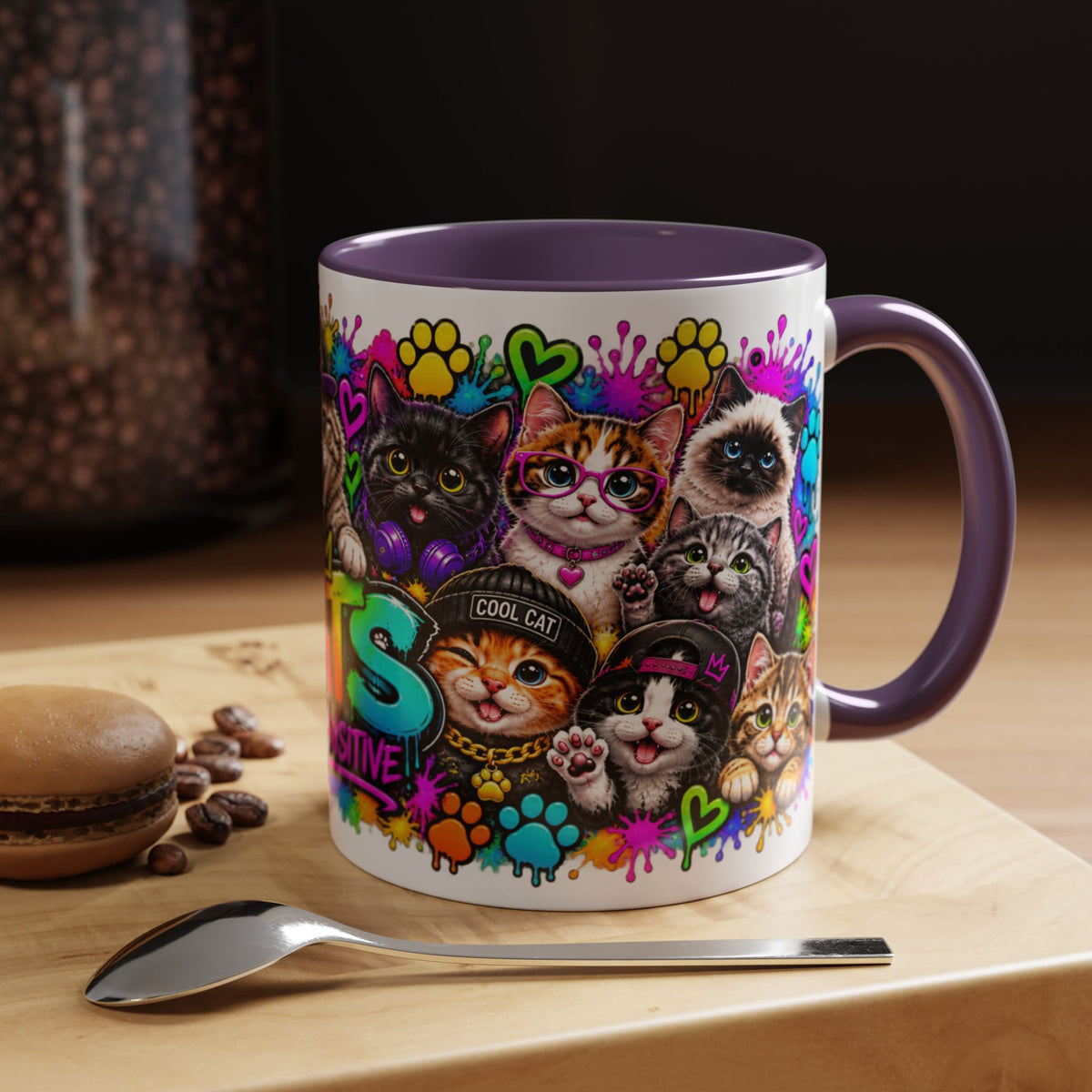 Cats Stay Pawsitive Accent Coffee Mug – Colorful Cute Cat Paw Print Design (11oz)