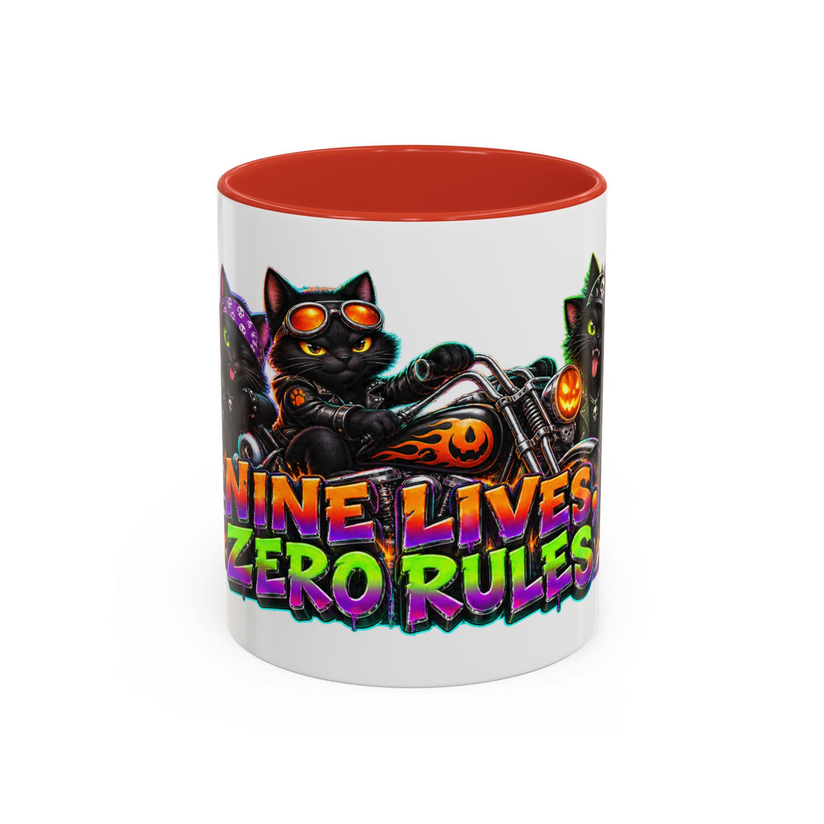 Nine Lives Zero Rules Biker Cats Halloween White Mug