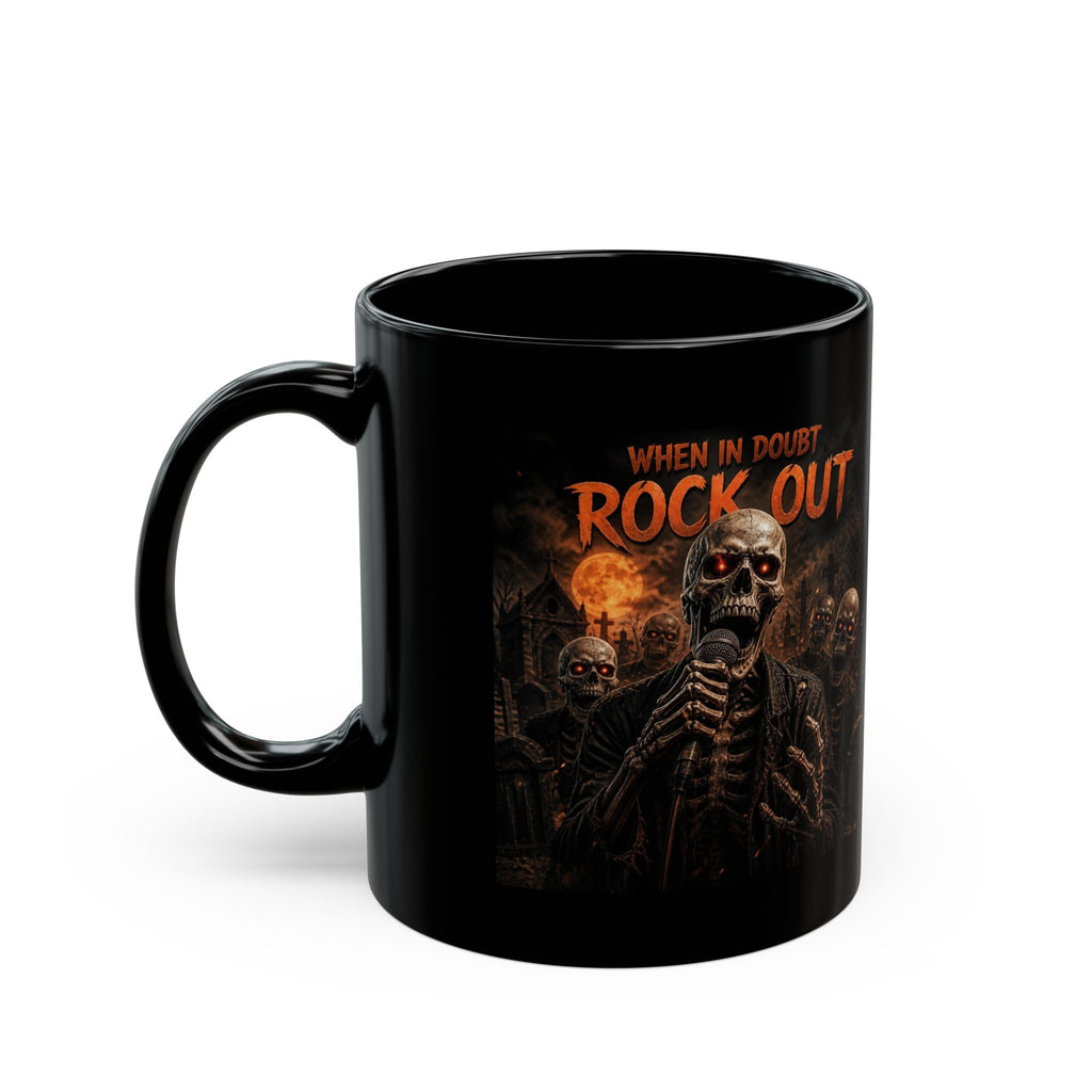 Rock Out Skull Mug — 'When in Doubt Rock Out' Gothic Cemetery Coffee Cup (11oz/15oz)