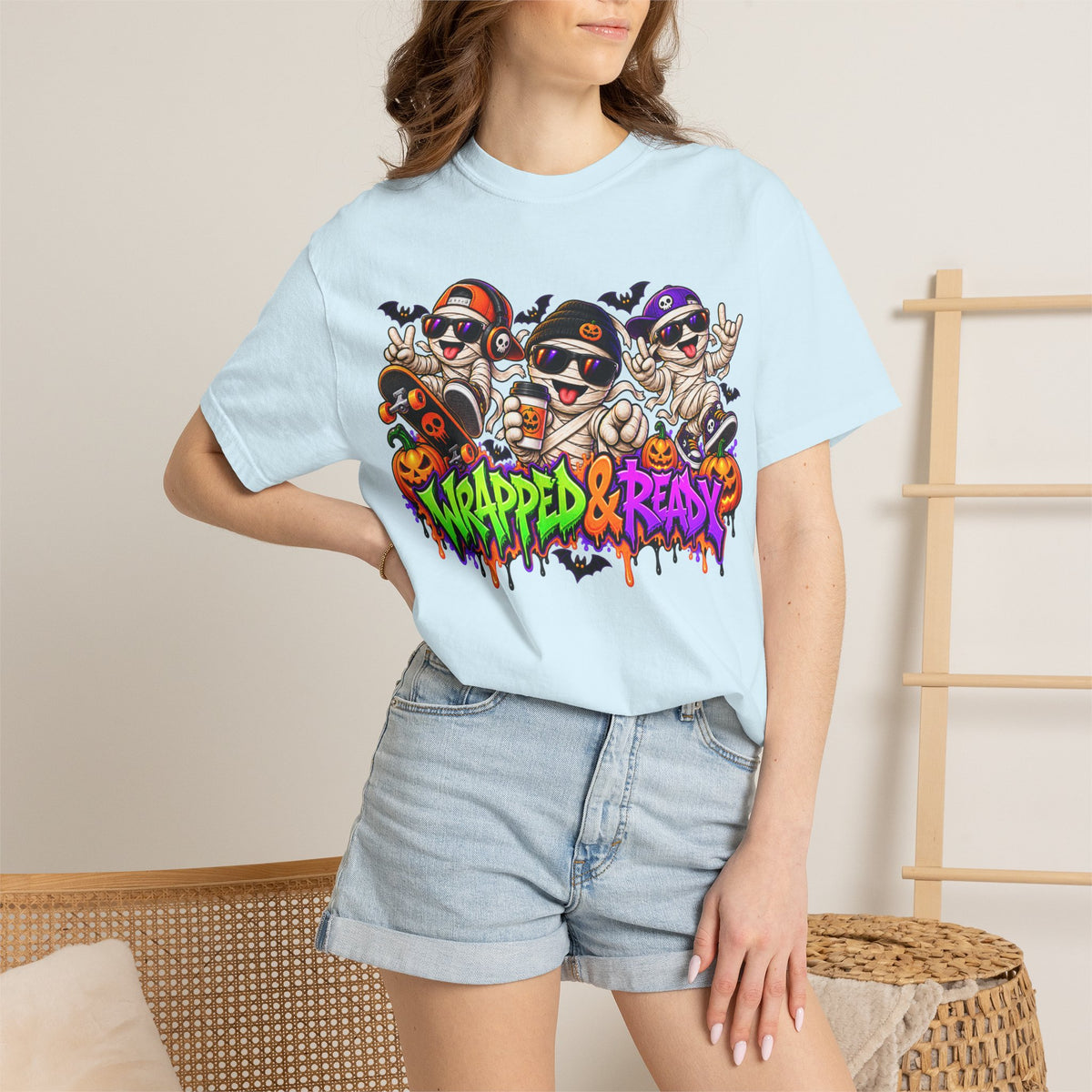 Wrapped & Ready – Halloween Mummy Crew Graphic T-Shirt