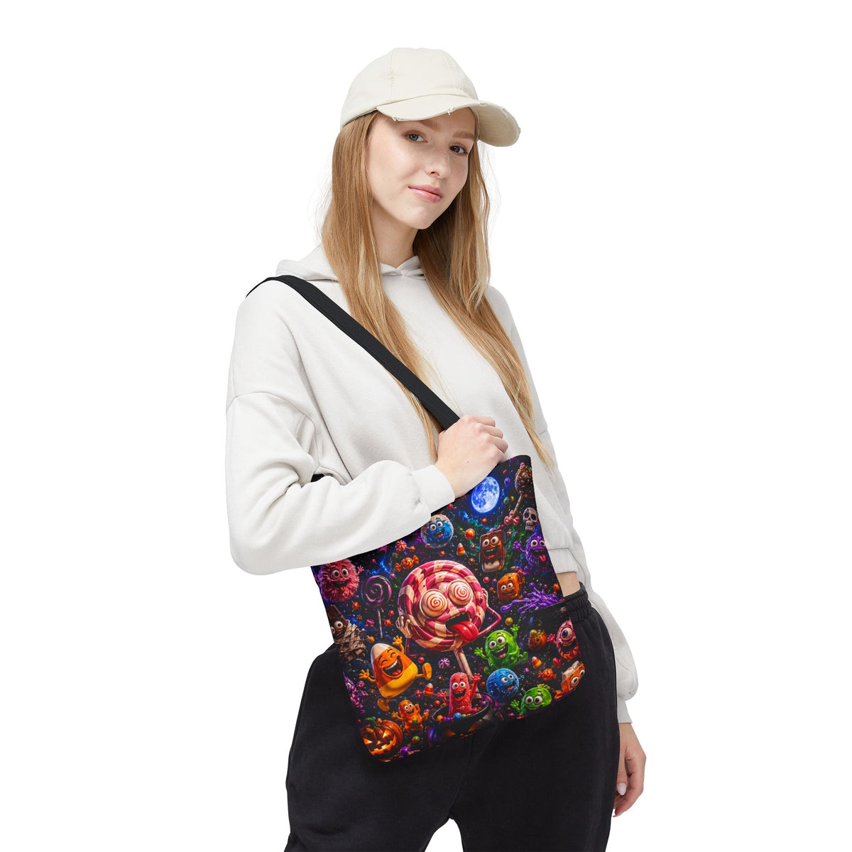 Crazy Halloween Candy Monsters Tote Bag — Colorful 3D Lolipop & Treats Design