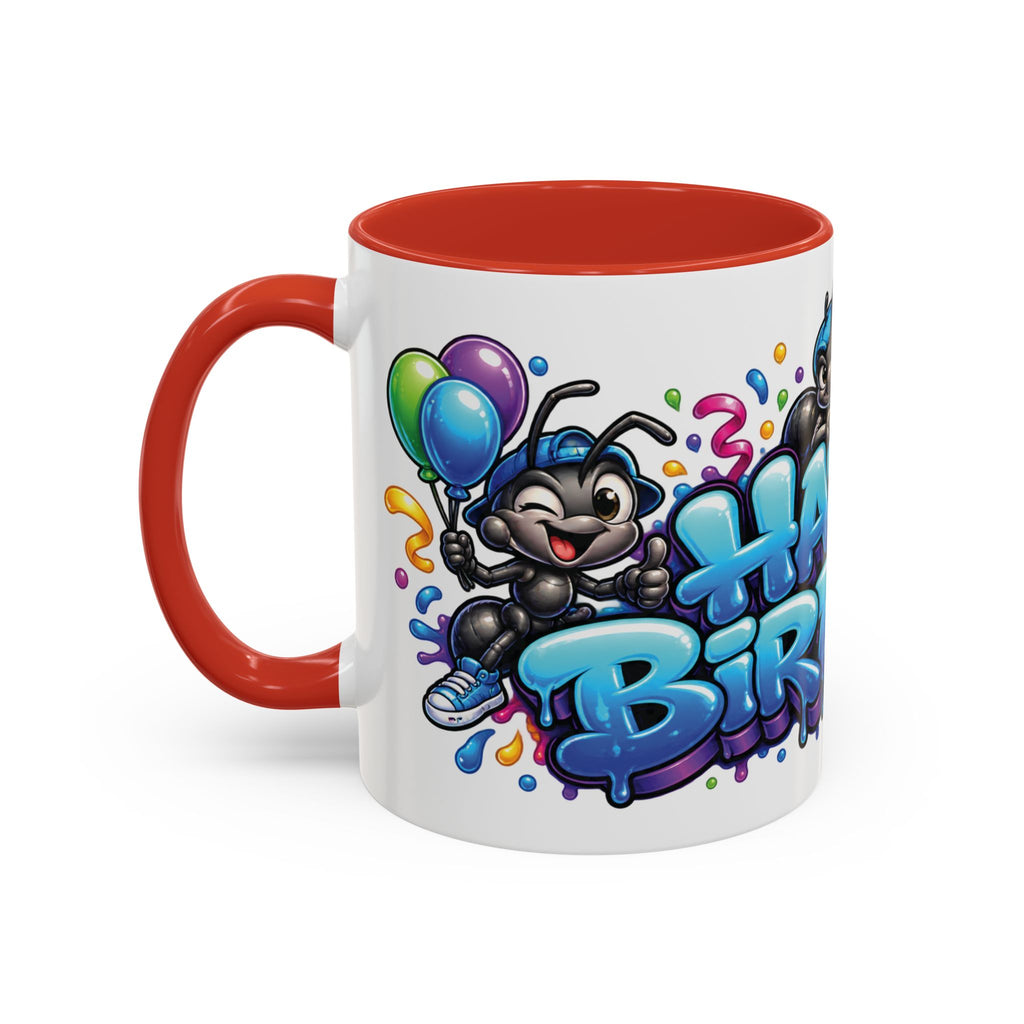 Happy Birthday Cartoon Mug – Graffiti Ants, Birthday Cake, Balloons & Confetti Coffee Cup