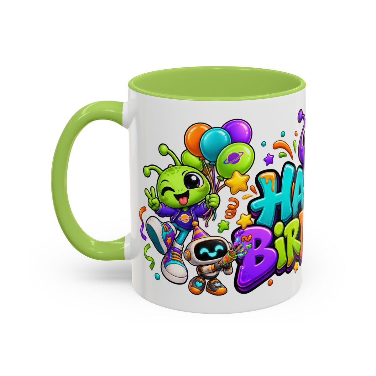 Happy Birthday Alien Mug – Colorful Space Party Cup with Cute Aliens & Robots