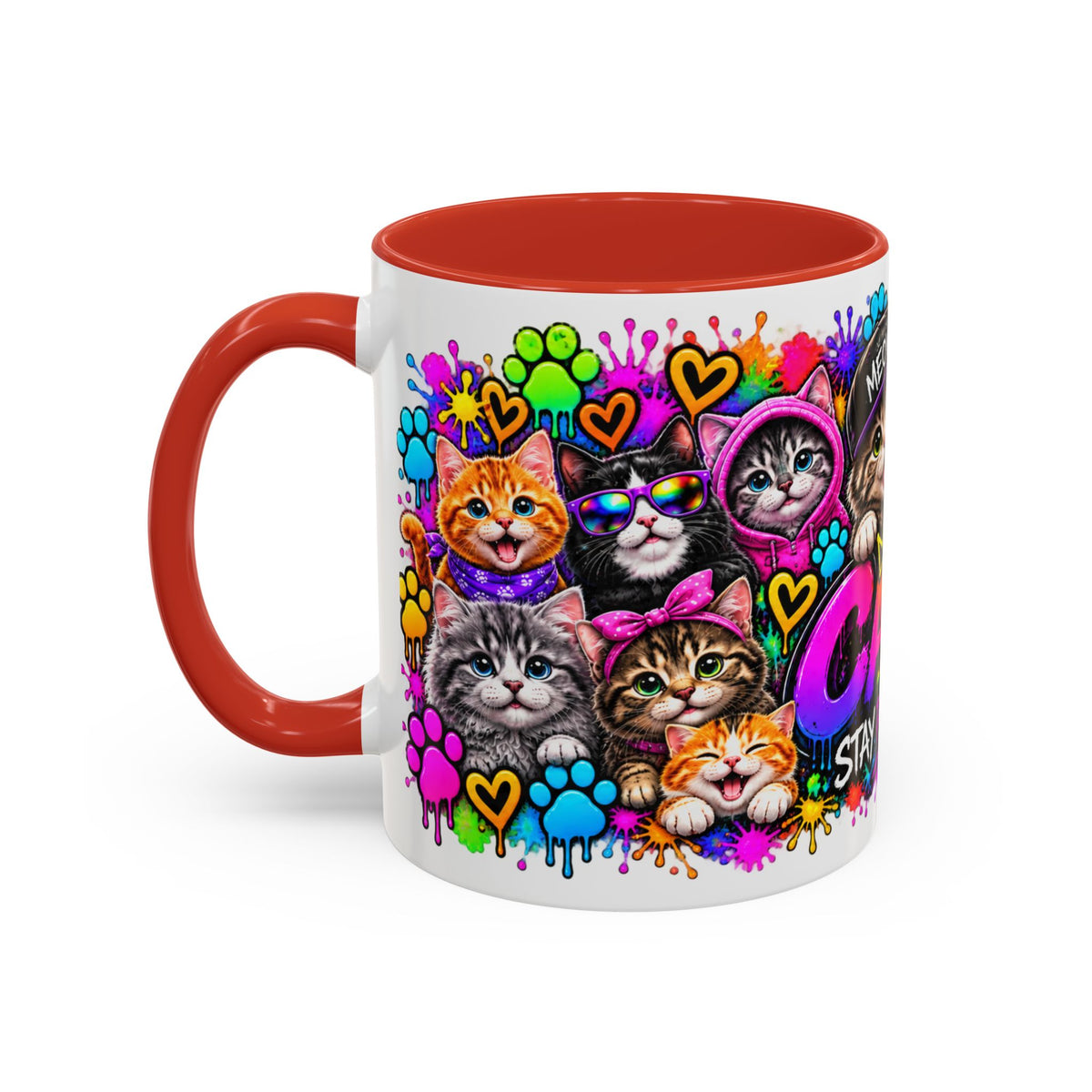 Cats Stay Pawsitive Accent Coffee Mug – Colorful Cute Cat Paw Print Design (11oz)